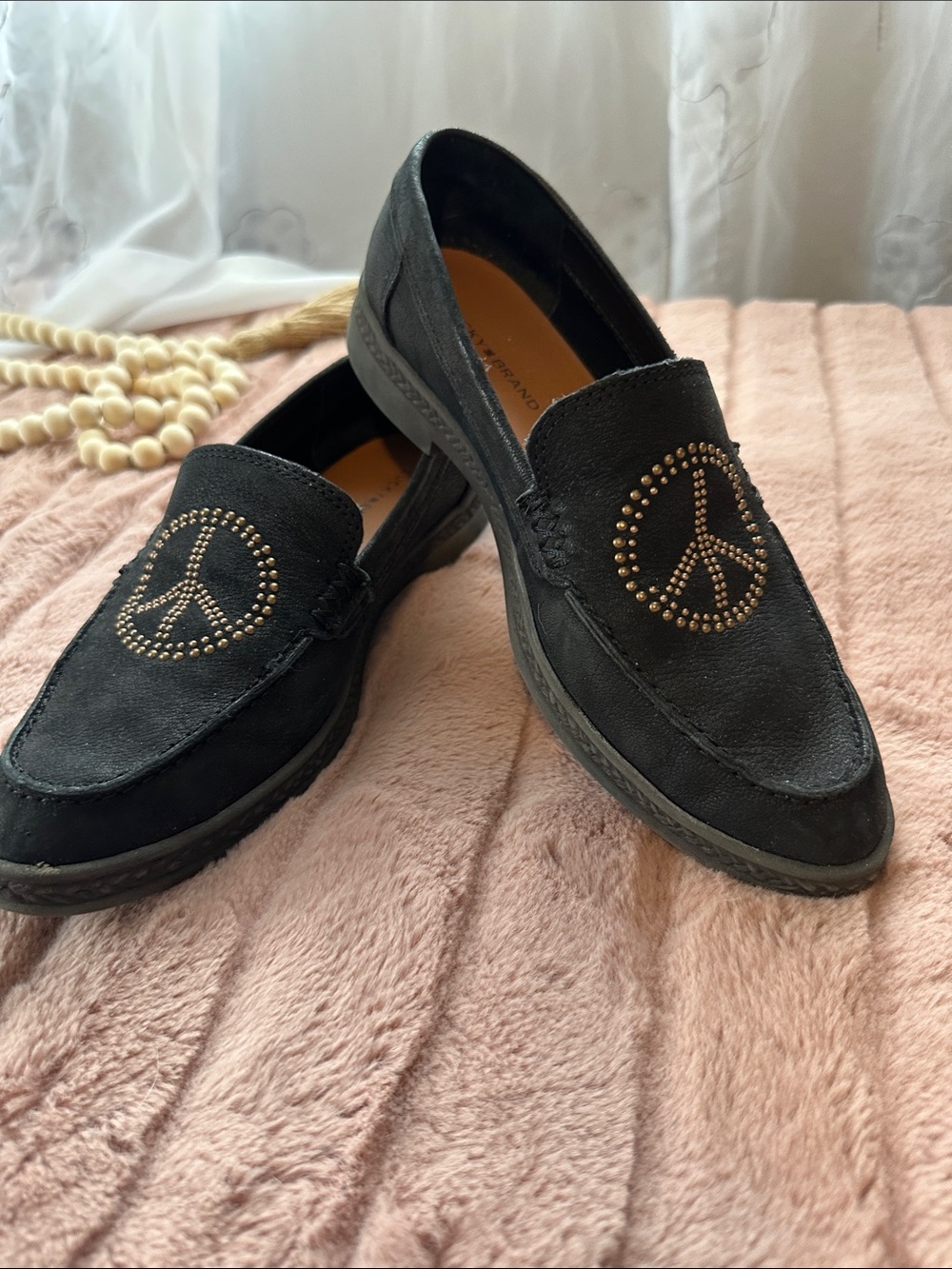 Lucky Brand Black Suede Studded Peace Sign Loafers